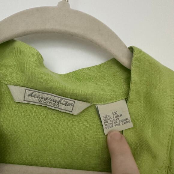 Deane White Womens 1X 100% Linen Green Button Up Shirt 1/2 Sleeve Fall Workwear - Picture 3 of 4